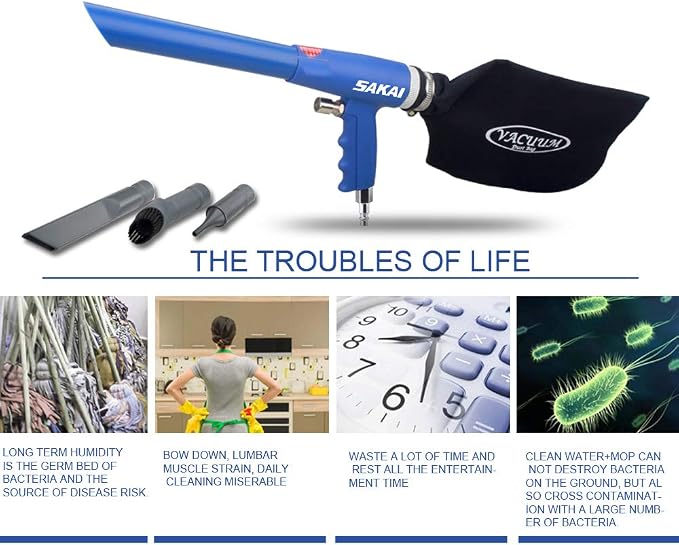 SAKAI Air Powered 2 in 1 Function Air Vacuum Kit - Blow Gun & Suction Vacuum Pneumatic Cleaner with 3 Type Tubes and Rotatable Brush