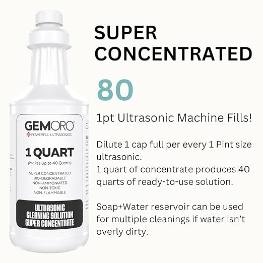 GemOro Jewelry Cleaner Solution Concentrate for Ultrasonic Machines | Professional Performance Liquid Cleans Rings Watches Glasses Earrings & Coins | Compatible with Diamond Gold & Silver (1 Quart)