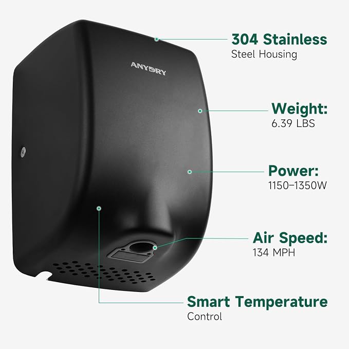 anydry Compact Hand Dryer, High-Speed 1350W Airflow, Matte Black Finish, Space-Saving for Commercial & Home Use, Model AD2803Y