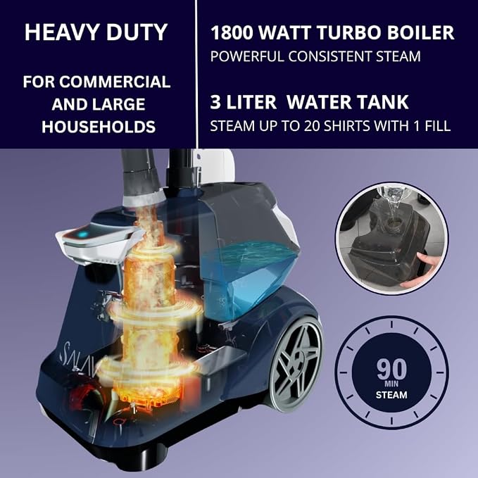 SALAV Heavy Duty Commercial Full-Size Garment Steamer with Foot Pedals and Extra Large 3L (101.5 oz) Water Tank and XL Rechargeable Fabric Shaver with Light, 6-Leaf Steel Blades, 3-Speed Motor