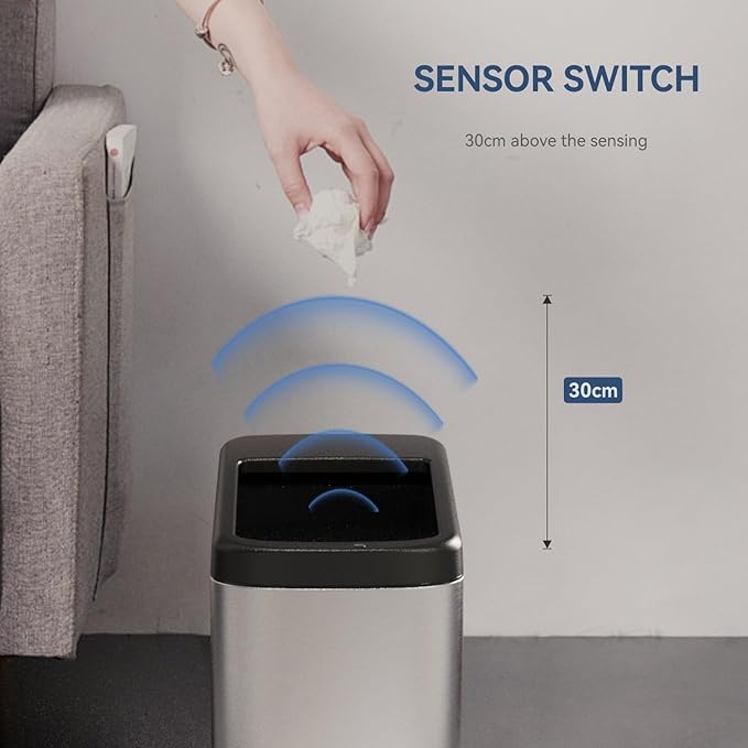 ELLO&ALLO 50 Liter 13 Gallon Touchless Rectangular Automatic Motion Sensor Trash Can for Kitchen, Brushed Stainless Steel Finish