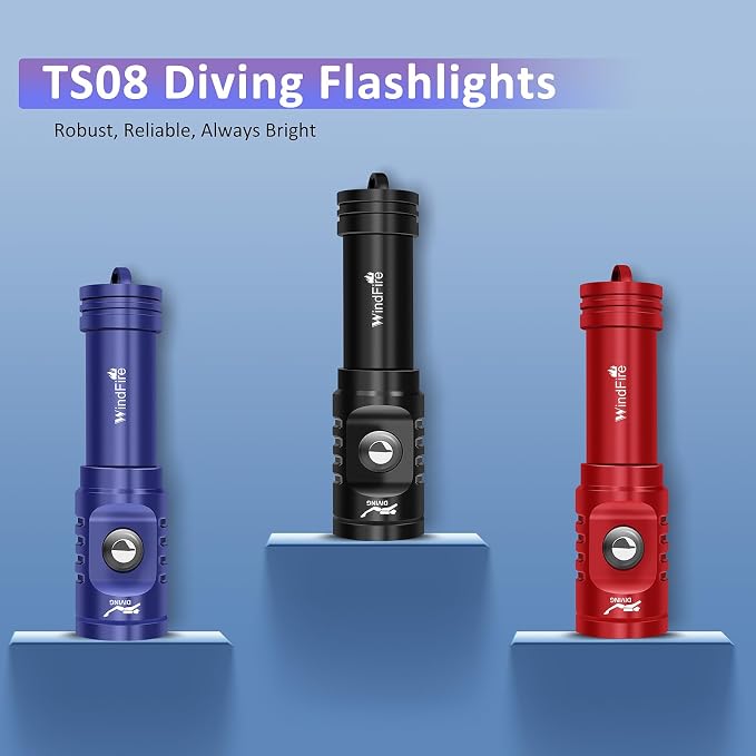 WINDFIRE TS08 Dive Light Super Bright, Scuba Flashlight Rechargeable, IP68 Waterproof 197 ft Depth Underwater Flashlight, 3 Modes & Power Indicator, Snorkeling Torch for Night Diving