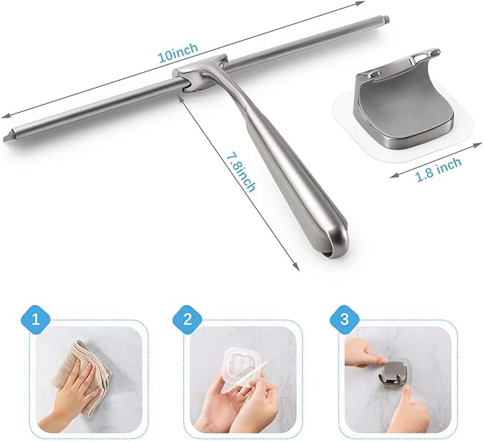 Shower Squeegee Squeegee for Shower Glass Door Bathroom Windows Kitchen Mirror and car Glass Most Practical 10 inch Durable Handle Silver