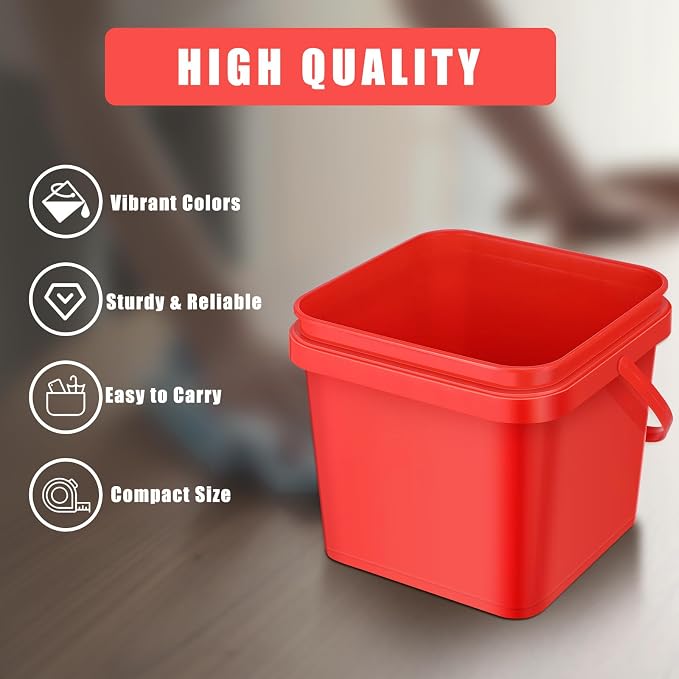 Jingmore 4 Pcs Plastic Bucket 5 Quart Square Bucket Utility Small Pail with Handle Sturdy Pail Organizer for House Cleaning Storage Livestock Feeding Car Washing Food Storage, No Lids(Red)