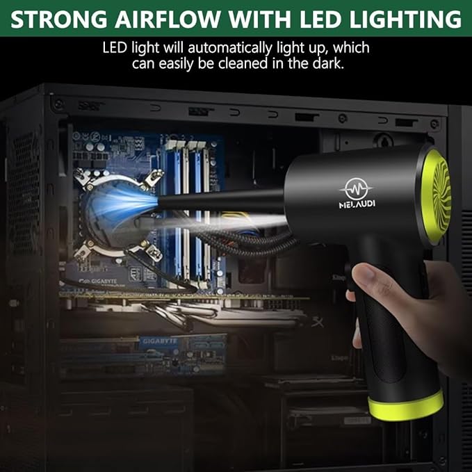 Compressed Air Duster, 3-Speed Cordless Electric Air Duster with LED Light, 100,000 RPM Air Blower, 6000mAh Rechargeable Battery, 7-Piece Accessory Set