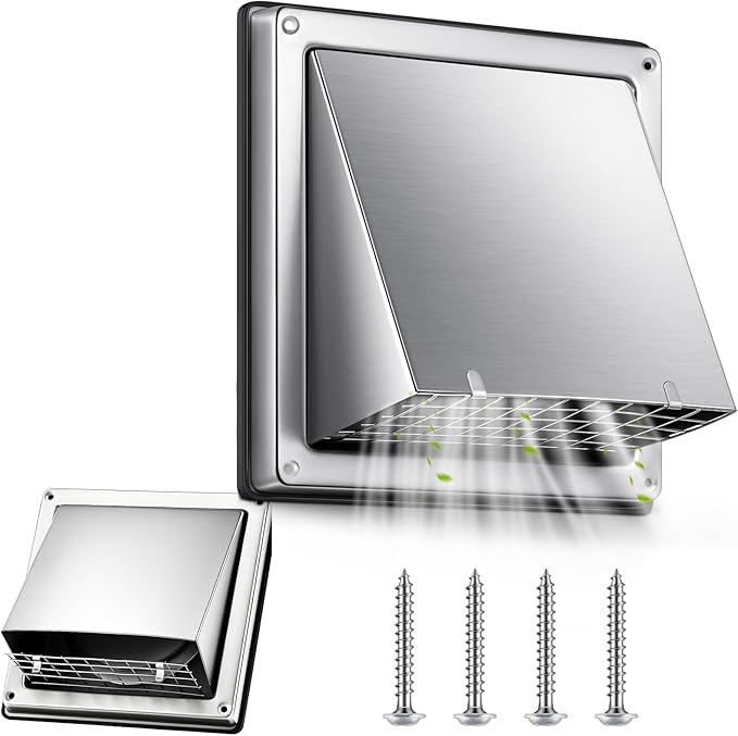 4'' Dryer Vent Cover Outside Exhaust Wall Vent Cover with Grille Screen Flap Stainless Steel Metal Exterior Dryer Hood Shroud for Outdoor House Pest Proof