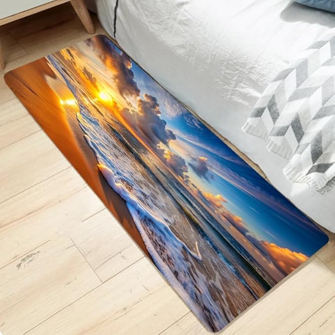 WODEJIA Non Slip Bath Rugs Sponge Foam for Bathroom,Flannel Mat Rug for Living Room, Absorbent Water Clearance MatS for Forlaundry Room and Kitchen, Sunset Beach Decor Welcome Mat 47x18 Inches
