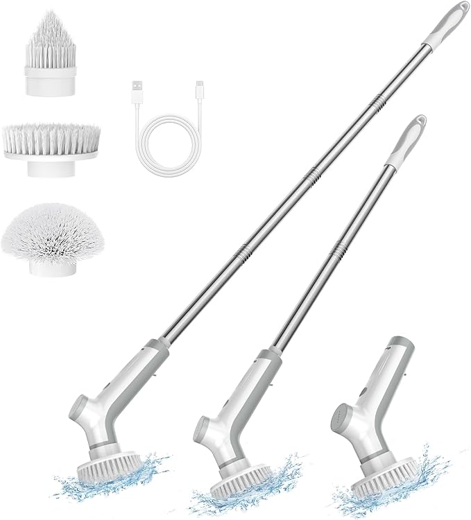 Electric Spin Scrubber, VEWIOR Shower Crubber Electric with Long Handle for Cleaning, IPX6 Waterproof Bathroom Scrubber with 3 Replaceable Brush Heads for Bathroom, Kitchen Cleaning
