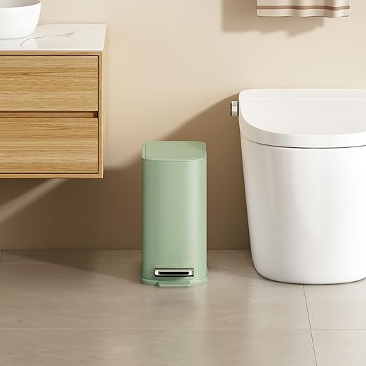 TIPGO Small Bathroom Trash Can with Lid Soft Close, Step Pedal, 1.3 Gallon / 5 Liter Stainless Steel Slim Garbage Can for Office, Diaper Waste Basket with Removable Inner Bucket (Green)