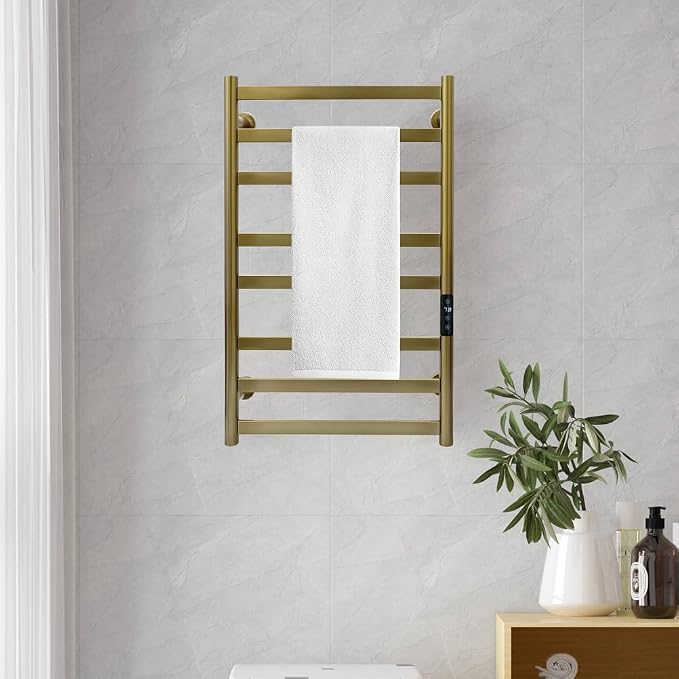 Towel Warmer Rack, Brushed Heated Towel Rack for Bathroom, Wall Mounted Electric Towel Dryer Rack with Temperature Control and 1-8 Timer, Plug-in/Hardwired