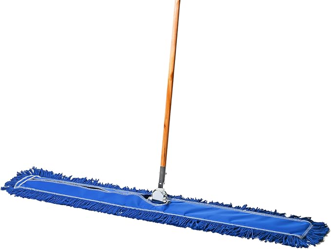 Commercial Floor Sweeper, 48 in. Reusable Mop Head, Wooden Handle, Industrial Dry Mop for Hardwood Floors, Blue