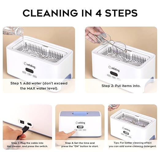 Adiding Jewelry Cleaning Machine, 1000mL (33.8oz) Sonic Retainer Ring Cleaner with 5 Time Mode and Degassing Function Ultrasonic for Glasses, Earrings, Necklaces, Denture, Coins, Pacifier, Blue
