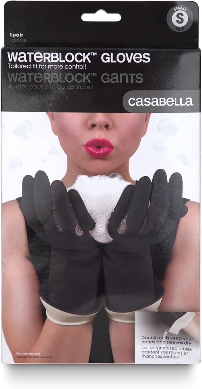 Casabella Premium Waterblock Latex Cleaning Gloves with Tapered Fit & Double Cuff, Breathable - Black - 6 Pack