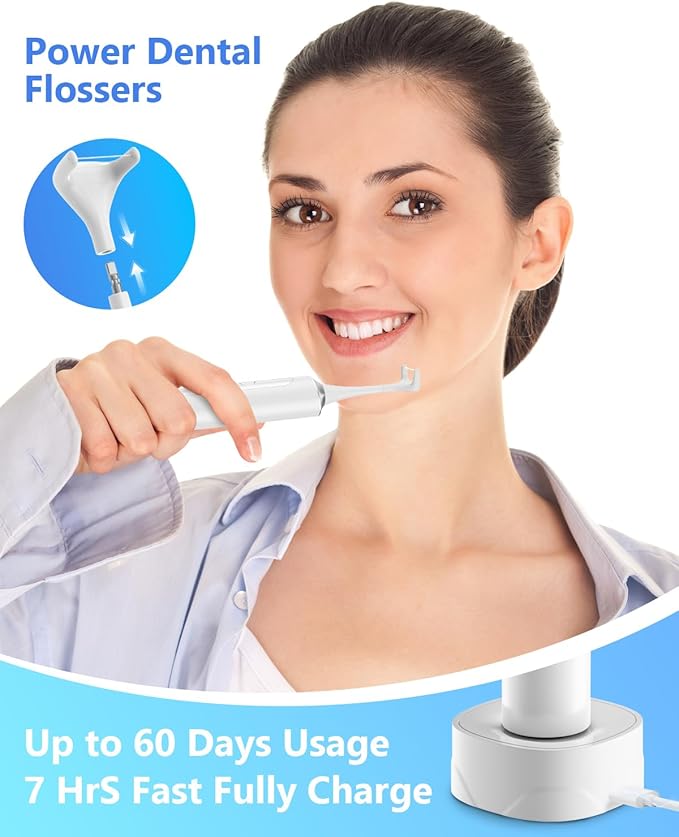 Rechargeable Electric Flosser for Teeth, 4-Speed Power Dental Flosser with 60 Refill Heads & Tongue Cleaner, IPX7 Waterproof,Gentle Gum Care for Adults and Kids, Water Flosser Alternative