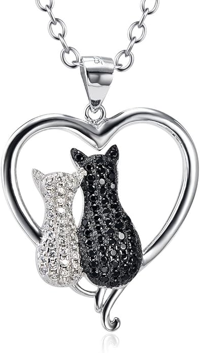 Two-tone 925 Sterling Silver Black and White Crystal Couple Cat Love Pendant Necklace, 18"