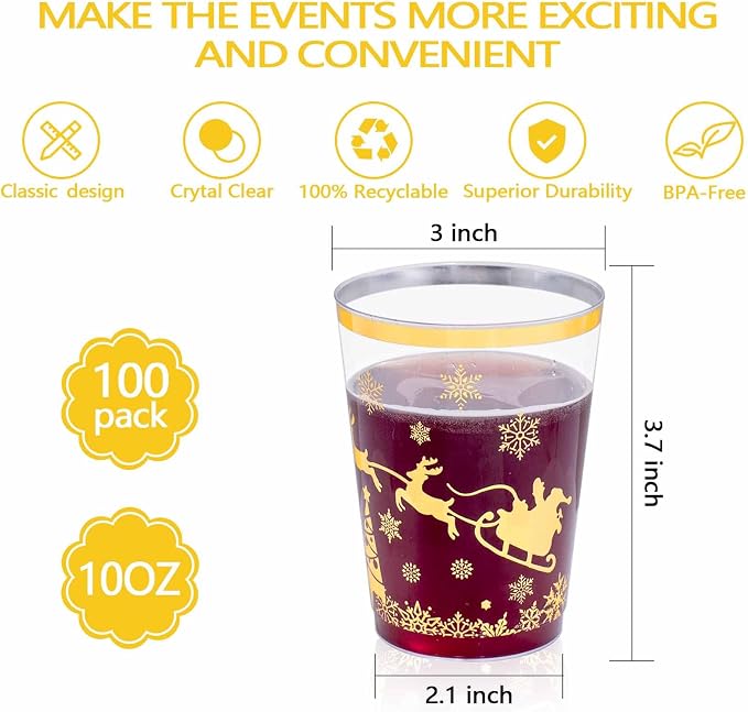 supernal 100pcs Christmas Party Cups,Gold Plastic Cups with Christmas Design,Plastic Party Cup,Disposable Cups,10oz Christ's Mass and Disposable Cups for Xmas Party