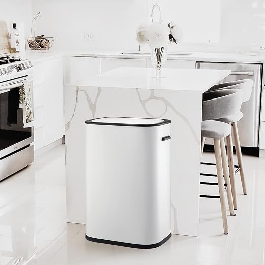 14.5 Gal/55L Trash Can with Lid, Automatic Touchless Garbage Can with Soft-Close Lid & Handle, Stainless Steel Waste Basket Motion Sensor Trash Can for Kitchen, Bathroom,White(No Inner Bucket)