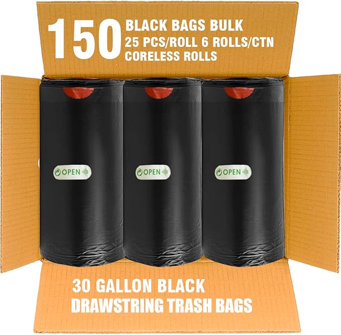 BEIDOU-PAC 30 Gallon Trash Bags Drawstring, 150 Count Bulk, Black | Unscented | Heavy Duty Multi-purpose Garbage Bags Can Liners for Business Home Kitchen Commercial and Industrial