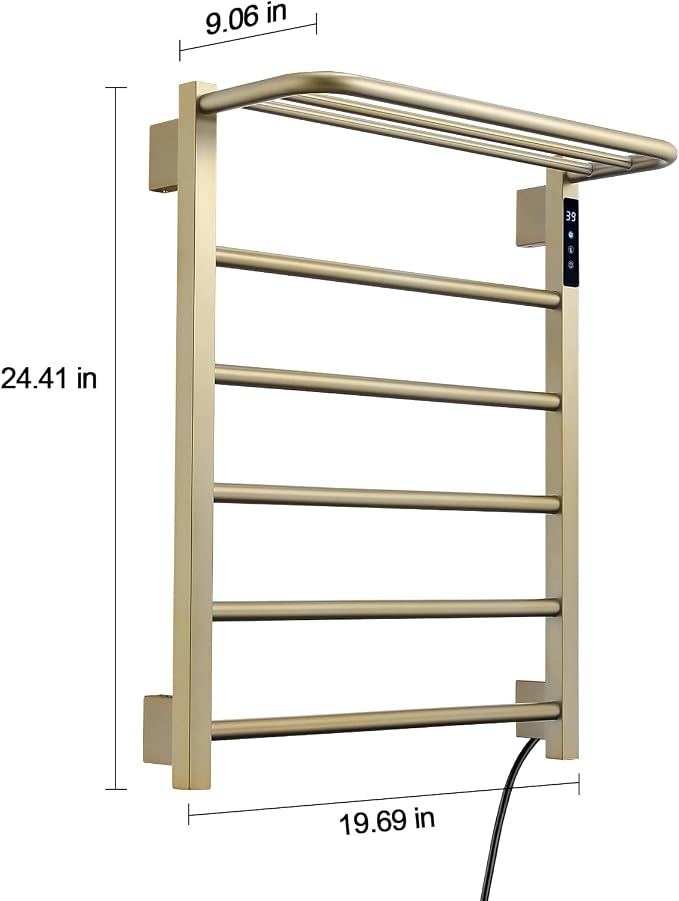Modern Electric Towel Warmer, Wall Mounted Heated Towel Rack in Brushed Gold, Smart Temperature Control with LED Display