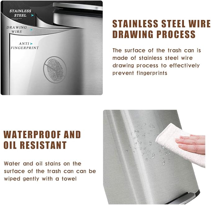 BestOffice 13.2 Gallon(50L) Trash Can, Fingerprint Proof Stainless Steel Kitchen Garbage Can with Removable Inner Bucket and Hinged Lids, Pedal Rubbish Bin for Home Office