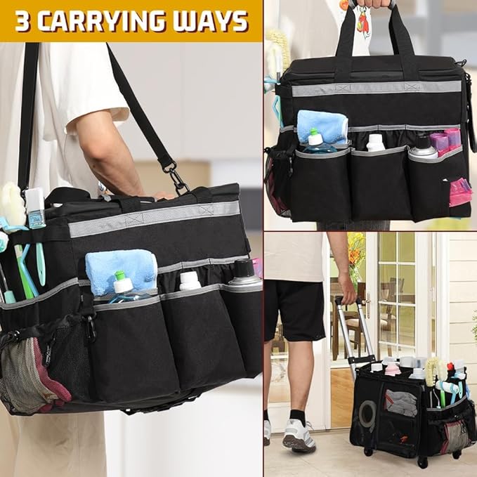 Rolling Cleaning Caddy, Cleaning Supplies Organizer with Cleaning Caddy Apron, Large Cleaning Caddy Bag with Detachable Trolley, Handles and Shoulder Strap for Cleaners Housekeepers, Black