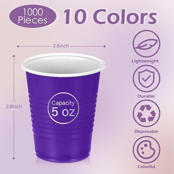 Eaasty 1000 Pcs Disposable Party Plastic Cups 10 Colors 5 Oz/150 ml Plastic Drinking Cups Assorted Colors Disposable Drinking Tumblers for Tasting, Birthday Parties, Picnic, BBQ, Wedding