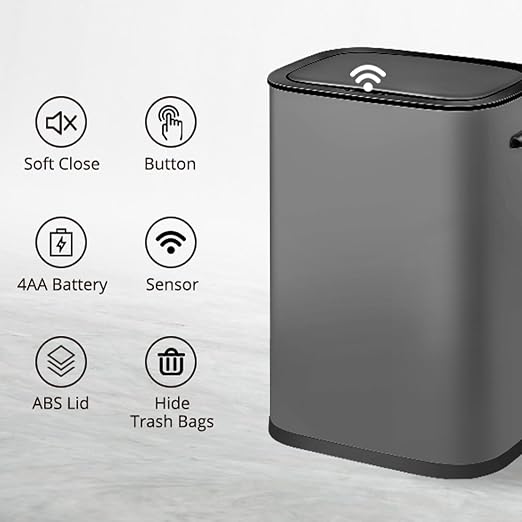 14.5 Gal/55L Motion Sensor Trash Can, Touchless Automatic Garbage Bin with Soft-Close Lid & Handle, Rectangular Waste Basket for Kitchen, Bathroom, Bedroom, Grey (No Inner Bucket)