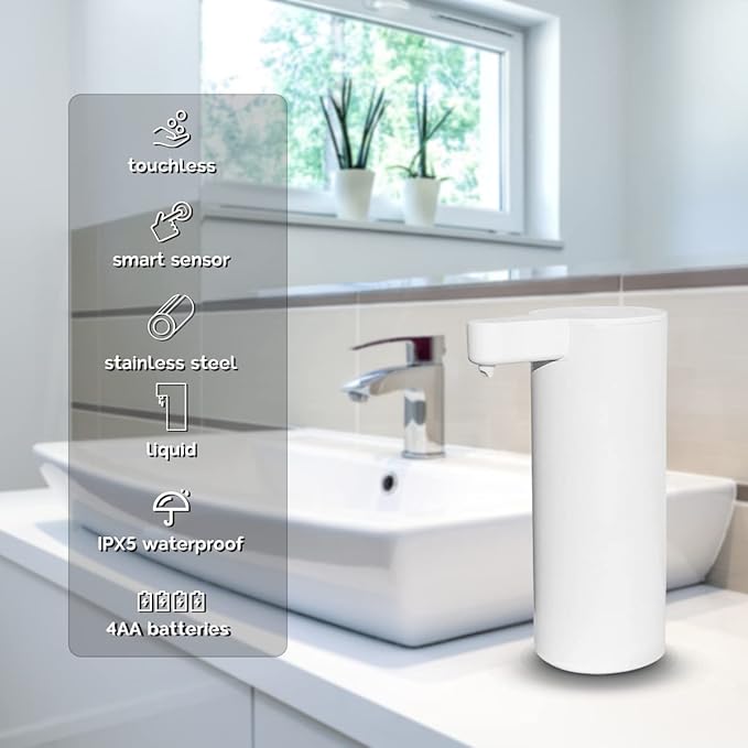 Automatic Soap Dispenser, Auto Touchless Hand Soap Dispenser White, IPX5 Waterproof Sanitizer Dispenser for Bathroom Countertop, 9oz/270ML (Battery Type)