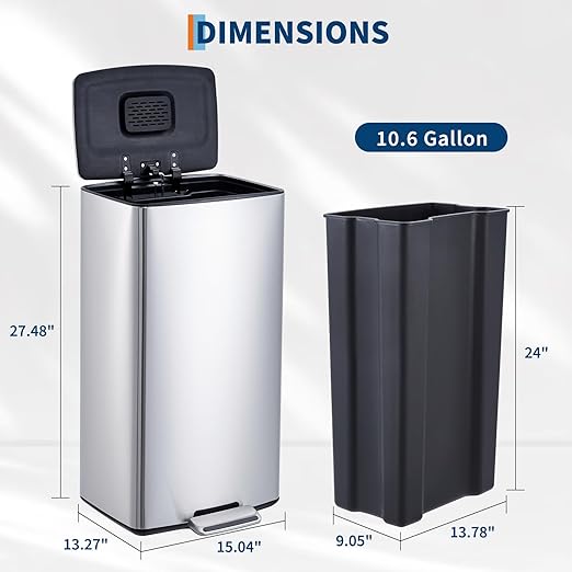 Garvee 40L / 10.6 Gal Kitchen Trash Can, Stainless Steel Garbage Can with Soft Close Lid, Rectangular Waste Bin with Filter, Removable Inner Bucket and Foldable Foot Pedal for Bathroom Home Office