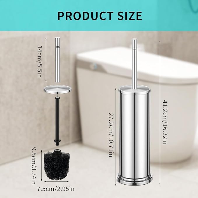 Chrome Toilet Brush and Holder Set,304 Stainless Steel Toilet Brush for Bathroom with Long Handle, Heavy Duty Toilet Bowl Brush,Removable Inner Bowl and Splash Protection,Deep Cleaning