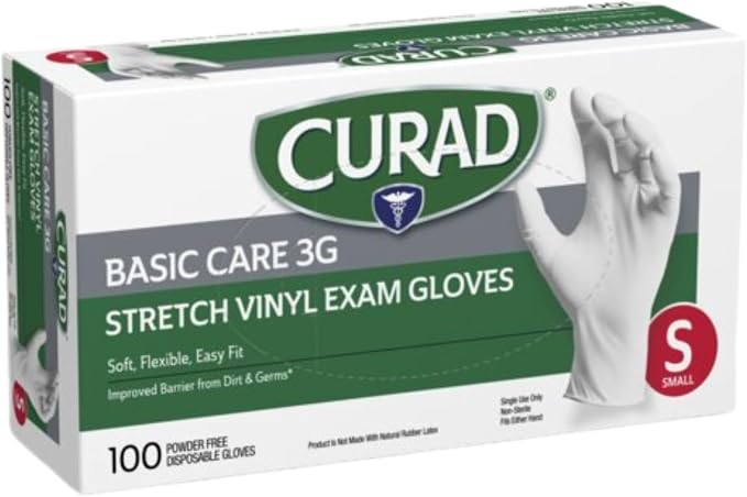 Curad Basic Care 3G Stretch Vinyl Exam Gloves, Powder Free, Small, 100 Count (Pack of 3)