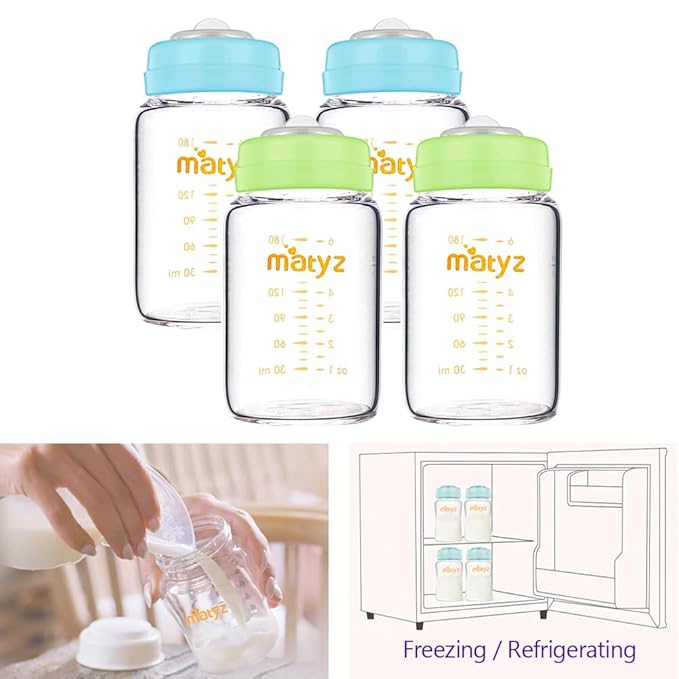 Matyz Glass Breastmilk Storage Containers, 4 Pack, 6 oz Bottle, Fit with Spectra Medela Avent Pump - Wide Mouth Breastmilk Collection and Storage Bottle with Lids - No BPA (2 Green & 2 Blue Lids)