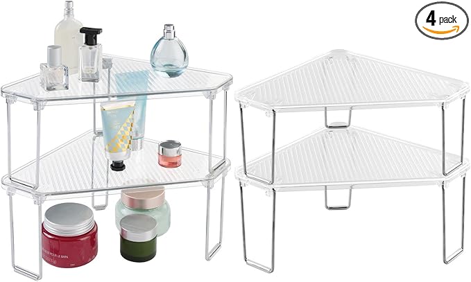 mDesign Plastic/Steel Corner Stackable Rack, Storage Organizer Shelf for Bathroom, Vanity, Countertop, Sink, Cabinet, Holds Makeup, Shower Accessories, Ligne Collection - 4 Pack - Clear