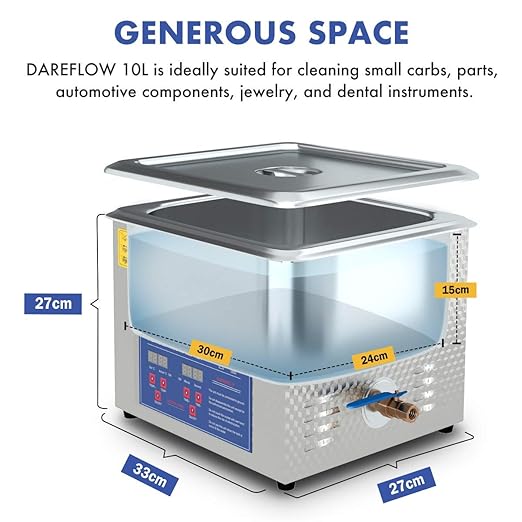 Industrial Grade Ultrasonic Parts Cleaner Stainless Steel 10L Large Capacity with 400W Heating Power for Carbs Car Parts Bullets and Gun Parts ect DAREFLOW