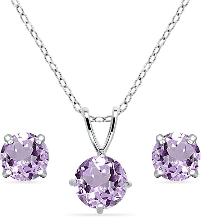 Jewelry Sets for Women, Necklace and Earring Sets for Women, Birthstone Jewelry, Genuine or Synthetic Gemstone, Round Solitaire, Pendant Necklace, Stud Earrings, Sterling Silver Jewelry or Gold Flash