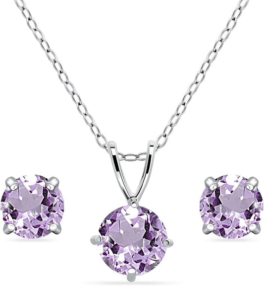 Jewelry Sets for Women, Necklace and Earring Sets for Women, Birthstone Jewelry, Genuine or Synthetic Gemstone, Round Solitaire, Pendant Necklace, Stud Earrings, Sterling Silver Jewelry or Gold Flash