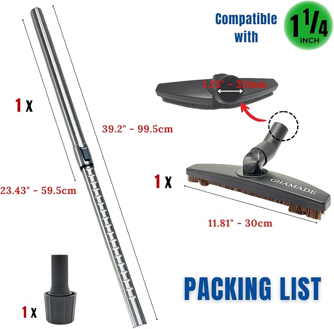 Vacuum Floor Brush & Extension Wand for Vacuum Cleaners with 1 ¼ inch (1.25'') (32mm) Inner Diameter with Horse Hair Soft Bristles - Hardwood Floor Attachment & Vacuum Extension Tube