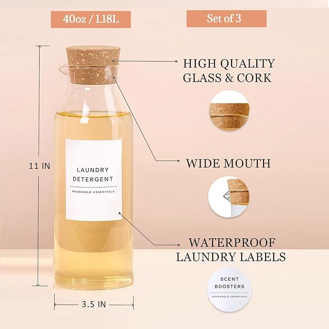 Glass Laundry Detergent Dispenser Set with Cork Lids, Fabric Softener Dispenser, Easy Pour 3 Pack Laundry Bottles, Liquid Detergent Containers, Scent Booster & Bleach Container for Laundry Room