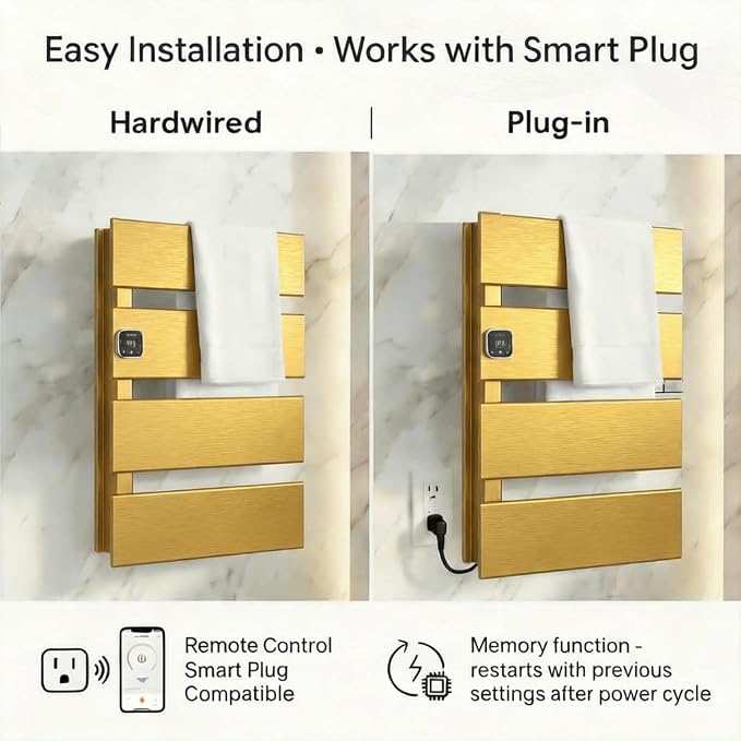 L Series Electric Towel Warmer for Bathroom, 4 Panel, Gold | Thermo Control and Timer, Fast Heat in 3 Mins, Dry Towels in 4 hrs, Memory Function, Work with Smart Plug, Left-Wiring
