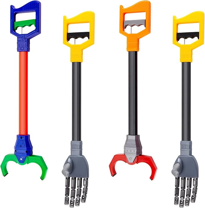 Lewtemi Interactive Grabber Claw Toy for Kids, 18 Inch Robot Arm Hand Claw Reacher Pickup Tool, Hand Eye Coordination & Fine Motor Skills Stem Toys Gift Pack for Boys Girls(Red, Blue, Gray,4 Pcs)