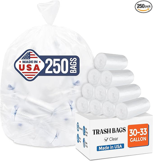 DELXO 30-33 Gallon Trash Bags, 250 Count Heavy Duty Large Clear Garbage Bags, Thick Durable and Puncture-Resistant Plastic Bags for Kitchens, Yards & Offices, Made in USA