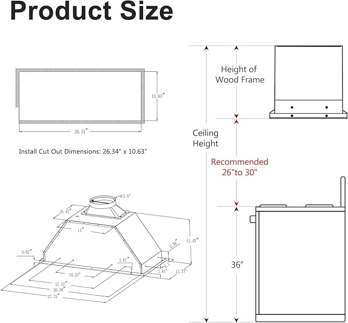 HisoHu Insert Range Hood 30 Inch / 36 Inch, 1200 CFM with Ducted Convertible Ductless(Kit Included), Stainless Stee Kitchen Vent Hood with 4 Speed Exhaust(30'', Black)