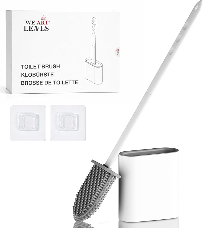 Toilet Brush Silicone and Holder Set – Pack of 1 Wall Mounted Toilet Brush White – Long Non-Slip Handle, Flexible Bristles for Easy Cleaning – Modern Toilet Scrubber Brush