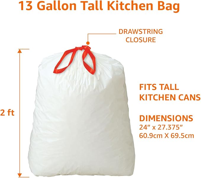 Amazon Basics 13 Gallon Tall Kitchen Drawstring Trash Bags, Clean Fresh Scent, 10% Post Consumer Recycled Material, 45 Count