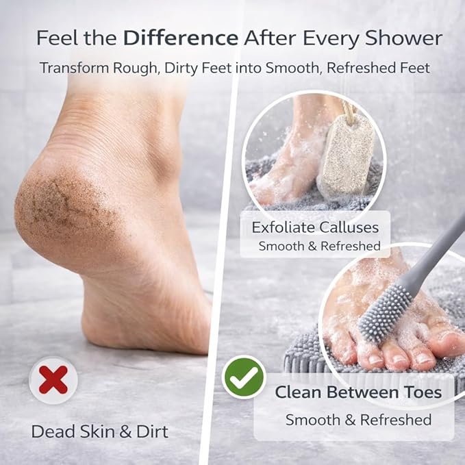 4-in-1 Shower Foot Care Set — Silicone Foot Scrubber Mat with Non-Slip Suction Cups, Natural Pumice Stone, Long Handled Toe Cleaner Brush & Adhesive Hooks — Daily Foot Wash & Bathroom Spa Kit