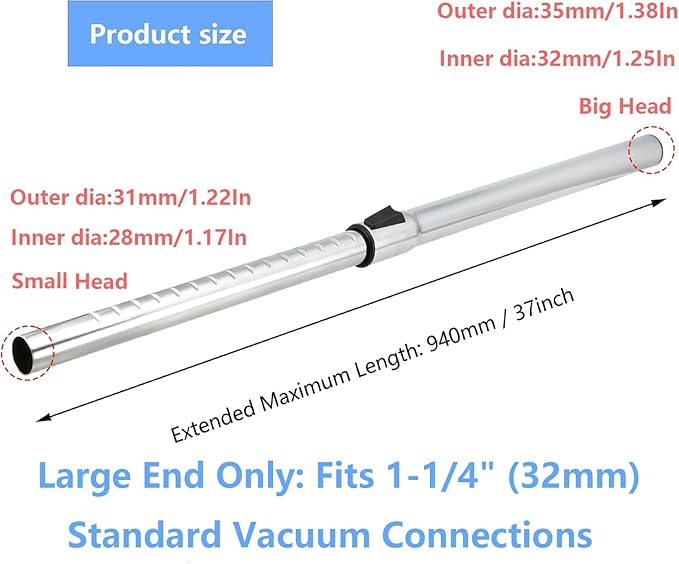 1.25 Inch (32mm) Telescopic Vacuum Extension Wand – Stainless Steel Metal Tube – Compatible with 1-1/4" Vacuum Accessories, Fits Select Shop Vac & Other Standard Vacuums