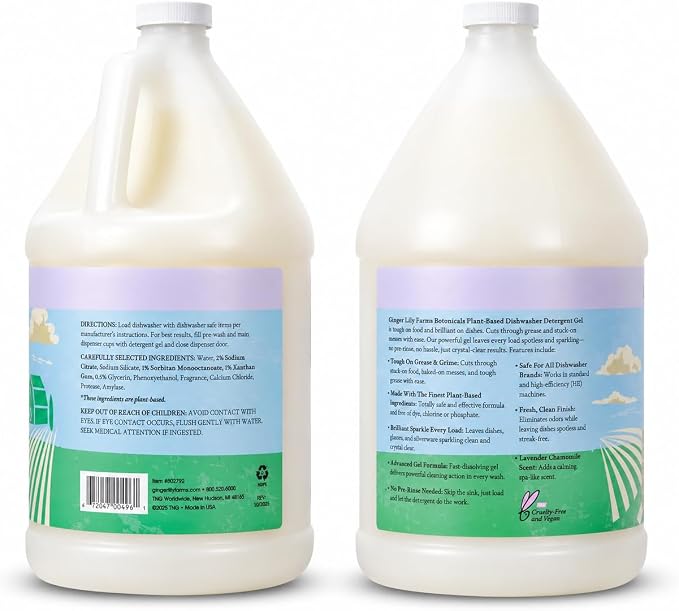 Ginger Lily Farms Plant-Based Dishwasher Detergent Gel, Lavender Chamomile Scent, 1 Gallon Refill (Pack of 4), Eco-Friendly, 100% Vegan & Cruelty-Free