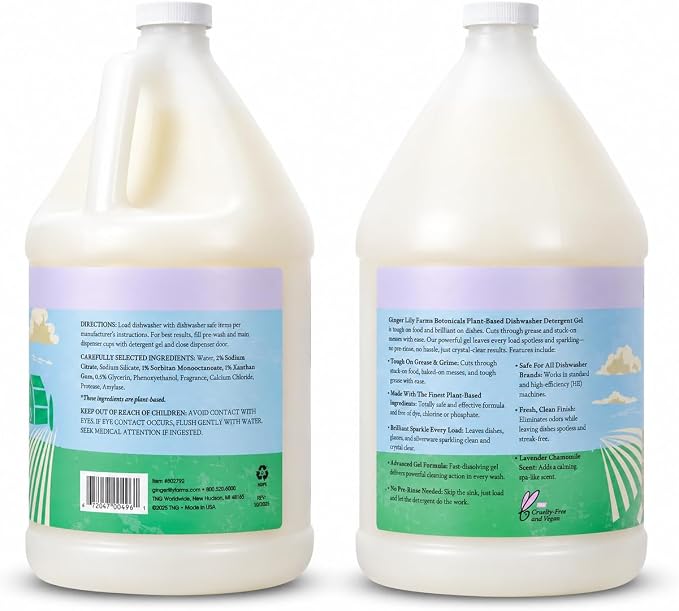 Ginger Lily Farms Plant-Based Dishwasher Detergent Gel, Lavender Chamomile Scent, 1 Gallon (128 Fl Oz) Refill, Eco-Friendly, 100% Vegan & Cruelty-Free