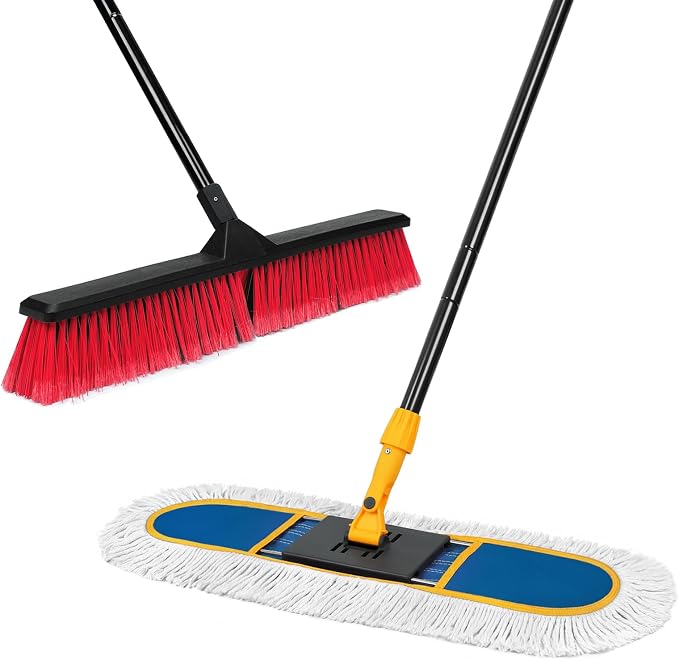 24" Push Broom Brush and 24" Dust mop, with a Large 24-inch Coverage Area for Heavy-Duty Sweeping and Mopping