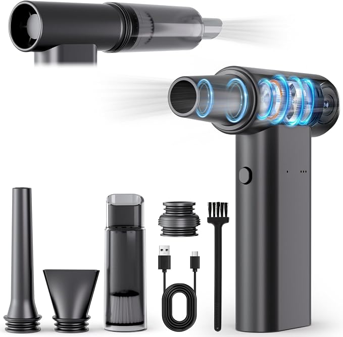 2-in-1 Compressed Air Duster & Car Vacuum Cordless Rechargeable - 160000RPM Electric Air Duster, Aluminum Mini Vacuum Keyboard Cleaner for PC, Computer, House, Outdoor & Car Detailing Supplies